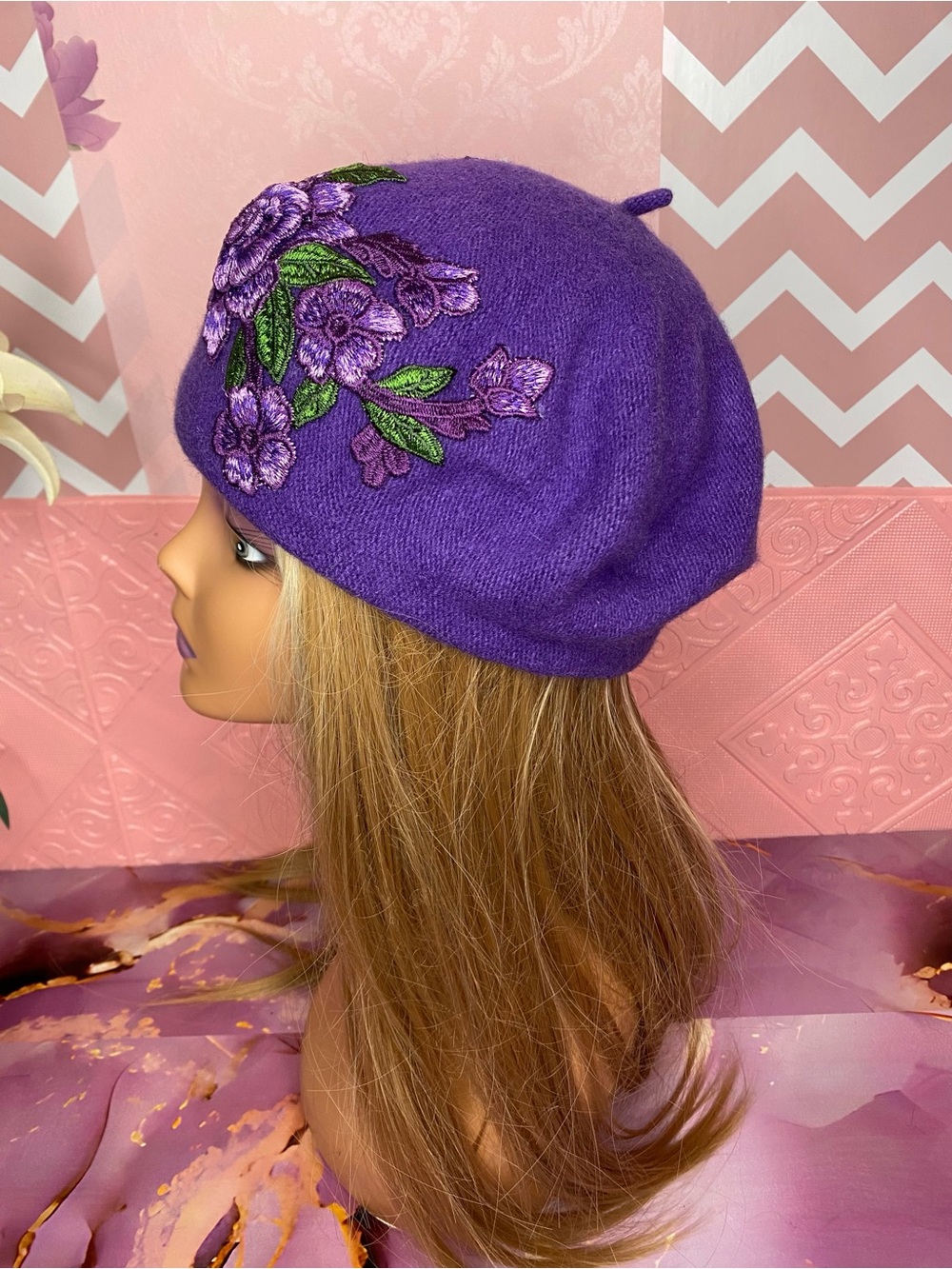๐๐ท Purple Floral Embroidered Wool Feel Beret ๐ท๐ NWT - Picture 7 of 10
